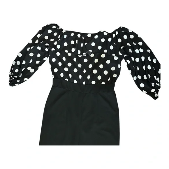 Black & White Polka Dot Off-Shoulder Jumpsuit | Size L | Tall Girl Friendly - Picture 4 of 15